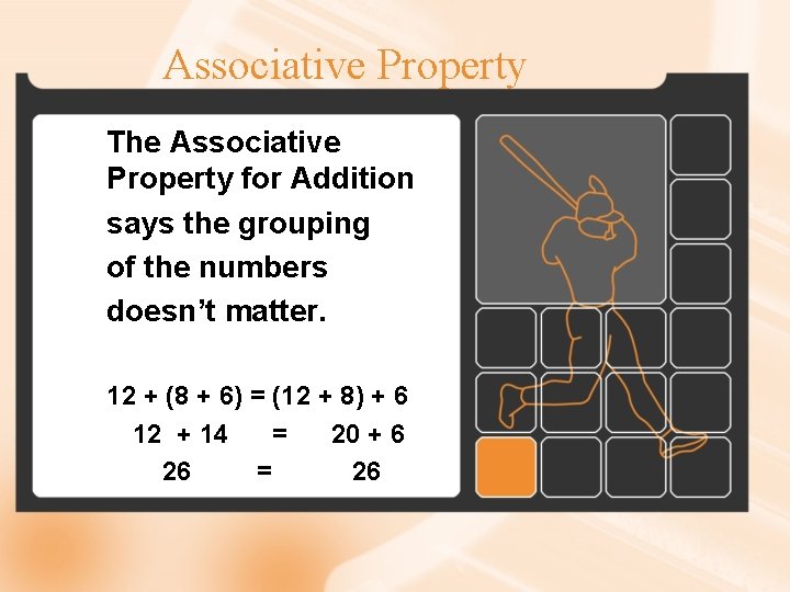 Associative Property The Associative Property for Addition says the grouping of the numbers doesn’t