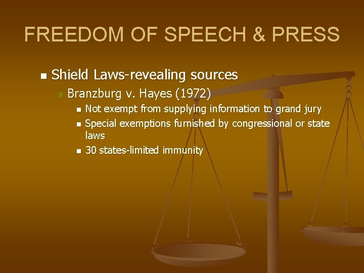 FREEDOM OF SPEECH & PRESS n Shield Laws-revealing sources n Branzburg v. Hayes (1972)