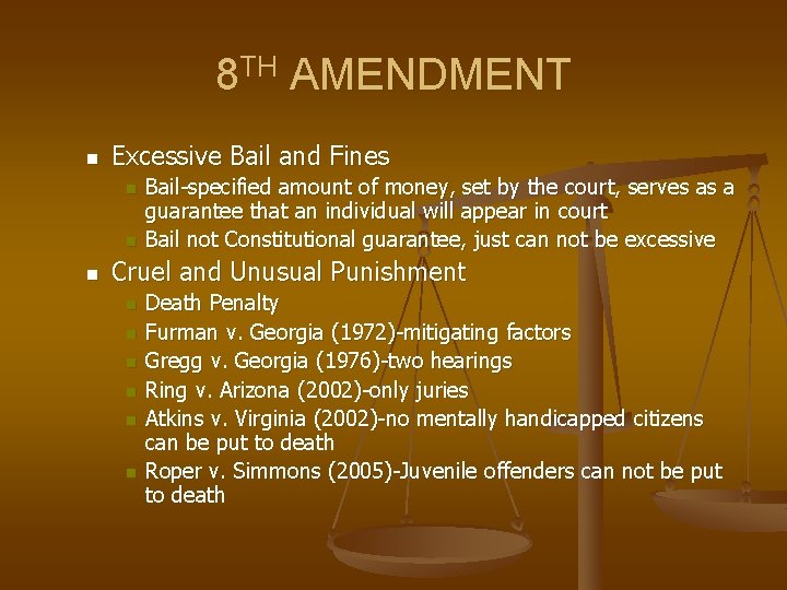 8 TH AMENDMENT n Excessive Bail and Fines n n n Bail-specified amount of