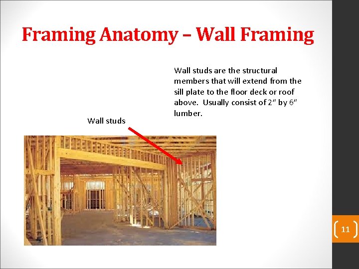 Framing Anatomy – Wall Framing Wall studs are the structural members that will extend