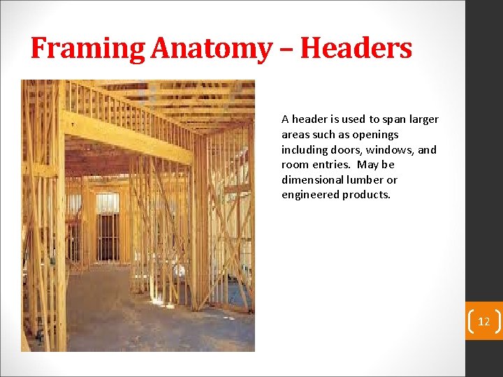 Framing Anatomy – Headers A header is used to span larger areas such as
