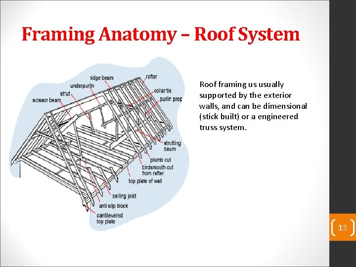 Framing Anatomy – Roof System Roof framing us usually supported by the exterior walls,