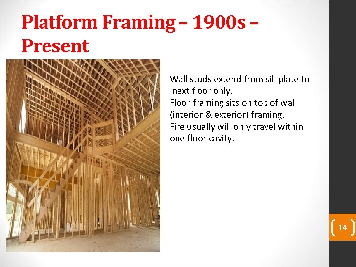 Platform Framing – 1900 s – Present Wall studs extend from sill plate to
