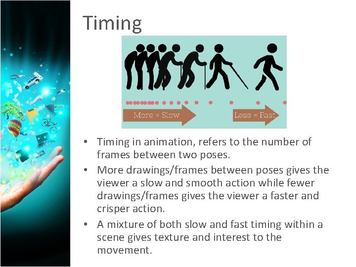 Timing • Timing in animation, refers to the number of frames between two poses.