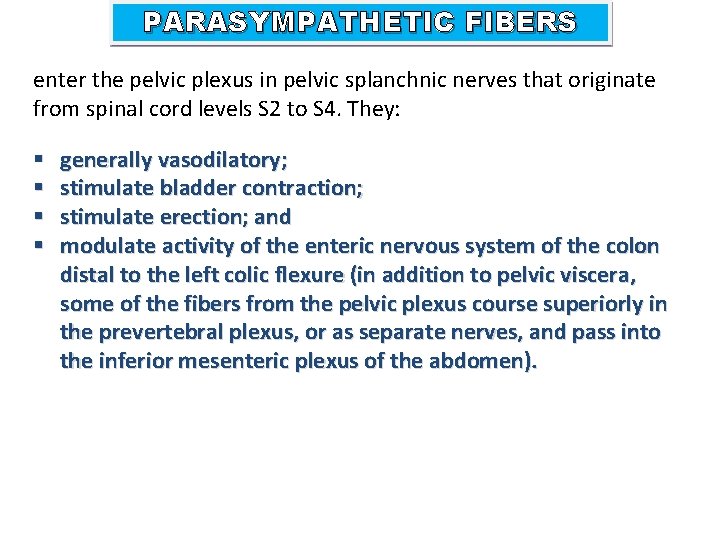 PARASYMPATHETIC FIBERS enter the pelvic plexus in pelvic splanchnic nerves that originate from spinal