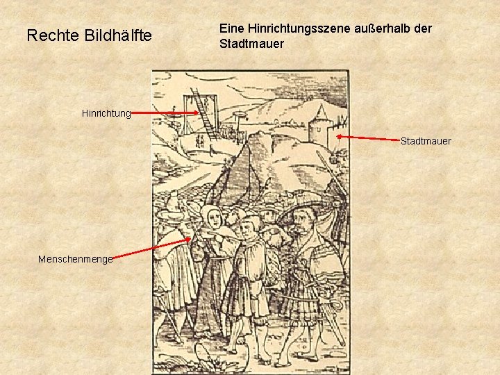 Rechte Bildhälfte Eine Hinrichtungsszene außerhalb der Stadtmauer Hinrichtung Stadtmauer Menschenmenge 