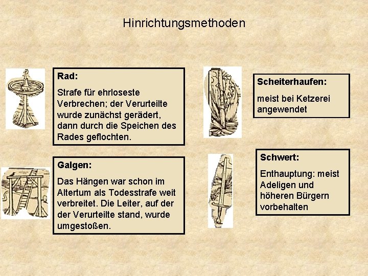 Hinrichtungsmethoden Rad: Strafe für ehrloseste Verbrechen; der Verurteilte wurde zunächst gerädert, dann durch die