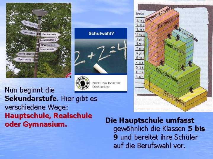 Nun beginnt die Sekundarstufe. Hier gibt es verschiedene Wege: Hauptschule, Realschule oder Gymnasium. Die