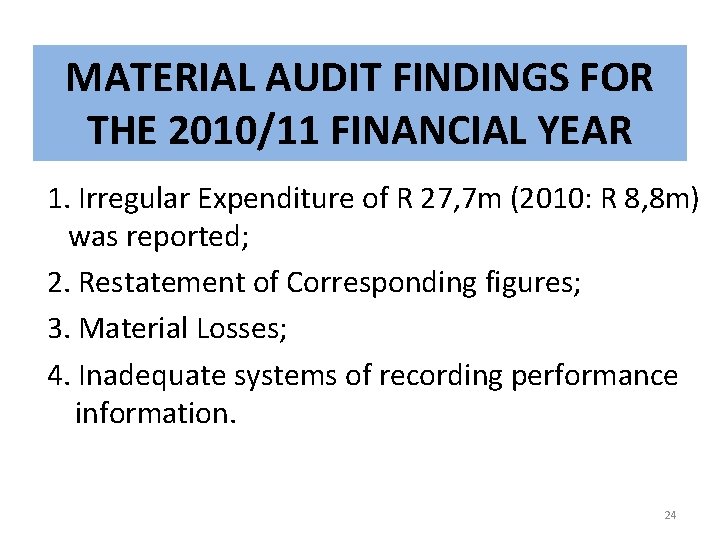 MATERIAL AUDIT FINDINGS FOR THE 2010/11 FINANCIAL YEAR 1. Irregular Expenditure of R 27,