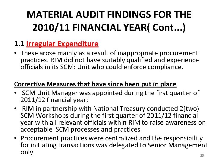 MATERIAL AUDIT FINDINGS FOR THE 2010/11 FINANCIAL YEAR( Cont. . . ) 1. 1