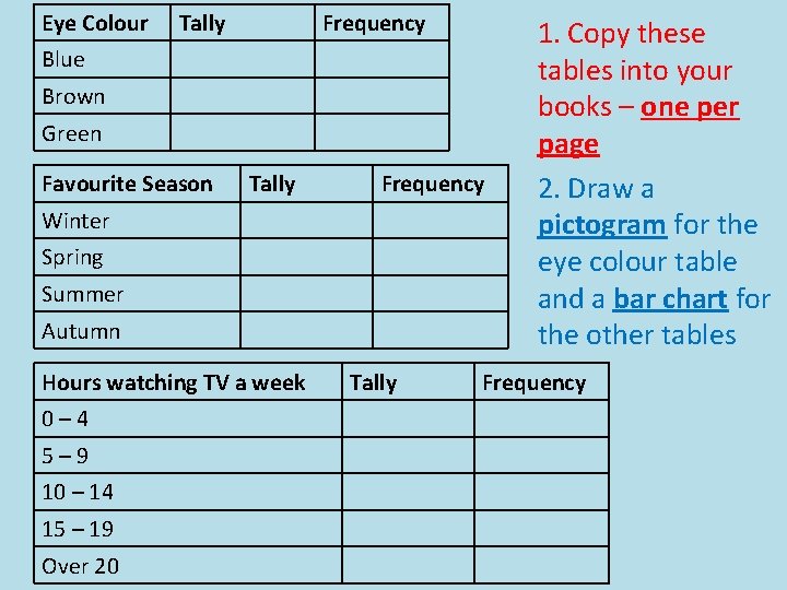 Eye Colour Tally Frequency Blue Brown Green Favourite Season Tally Frequency Winter Spring Summer