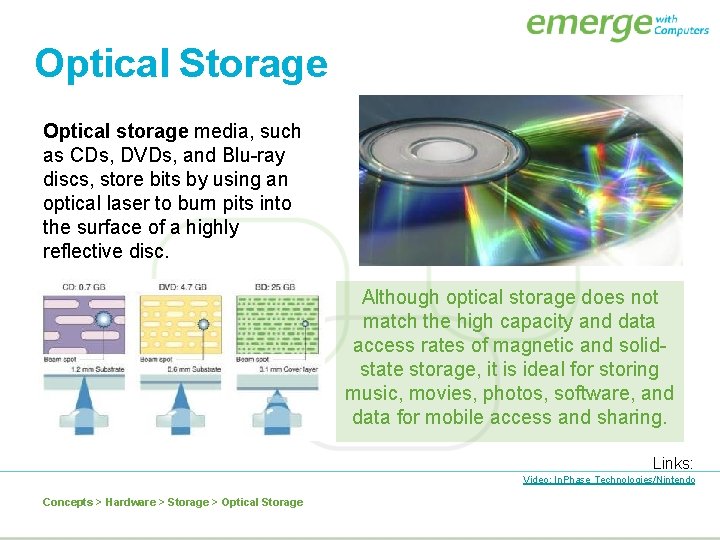 Optical Storage Optical storage media, such as CDs, DVDs, and Blu-ray discs, store bits