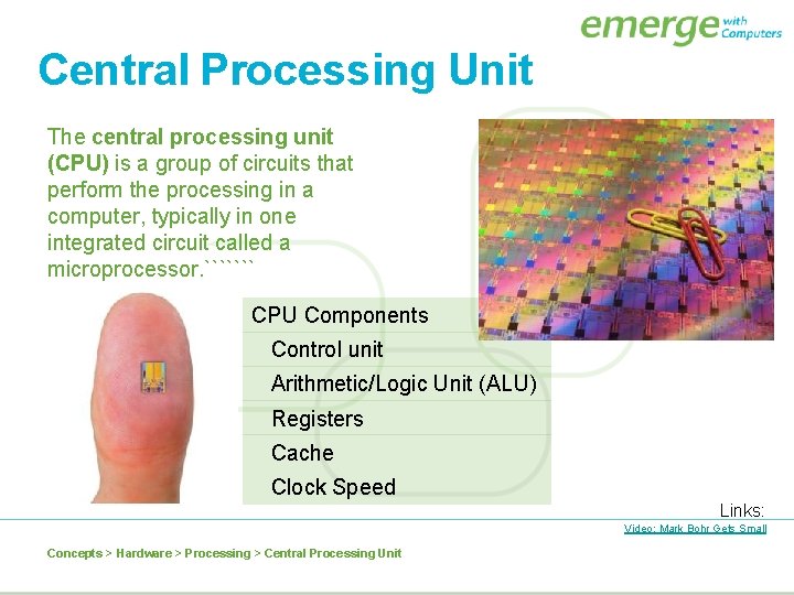 Central Processing Unit The central processing unit (CPU) is a group of circuits that