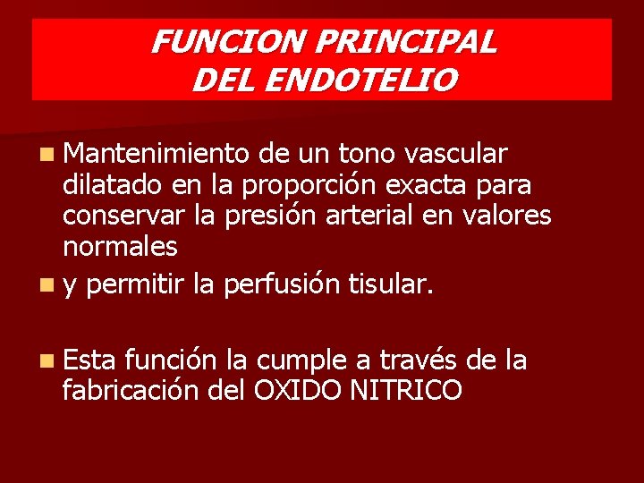 FUNCION PRINCIPAL DEL ENDOTELIO n Mantenimiento de un tono vascular dilatado en la proporción