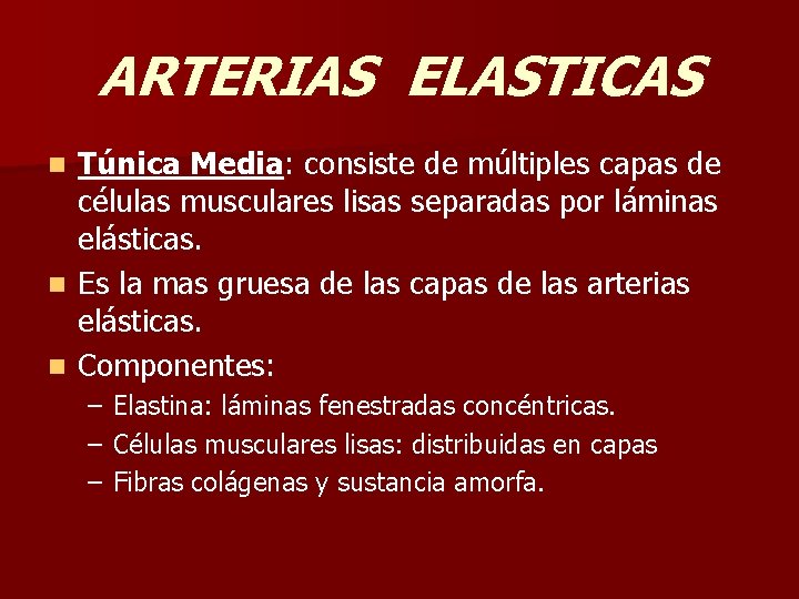 ARTERIAS ELASTICAS Túnica Media: consiste de múltiples capas de células musculares lisas separadas por