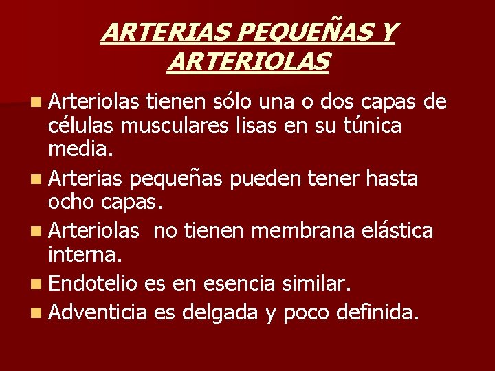 ARTERIAS PEQUEÑAS Y ARTERIOLAS n Arteriolas tienen sólo una o dos capas de células