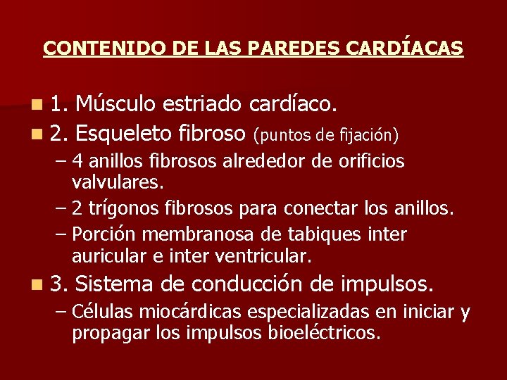 CONTENIDO DE LAS PAREDES CARDÍACAS n 1. Músculo estriado cardíaco. n 2. Esqueleto fibroso