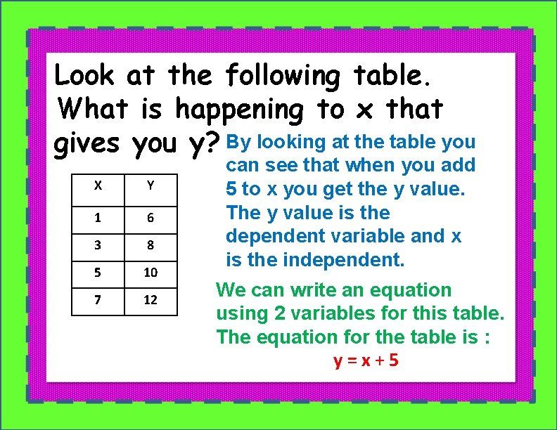 Look at the following table. What is happening to x that gives you y?