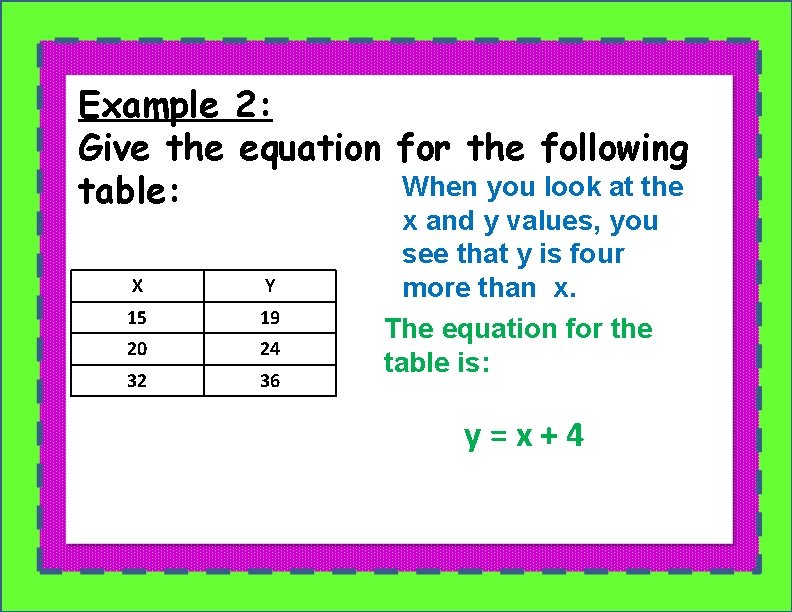 Example 2: Give the equation for the following When you look at the table:
