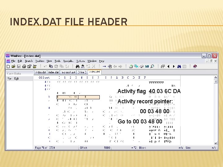 INDEX. DAT FILE HEADER Activity flag 40 03 6 C DA Activity record pointer: