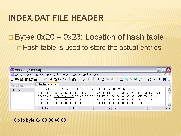 INDEX. DAT FILE HEADER � Bytes 0 x 20 – 0 x 23: Location