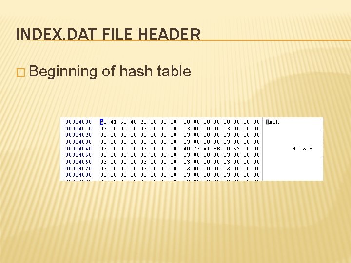 INDEX. DAT FILE HEADER � Beginning of hash table 
