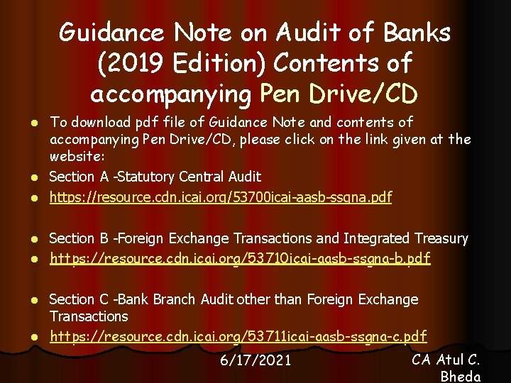 Guidance Note on Audit of Banks (2019 Edition) Contents of accompanying Pen Drive/CD To