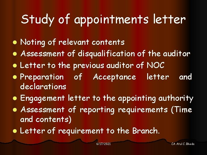 Study of appointments letter l l l l Noting of relevant contents Assessment of