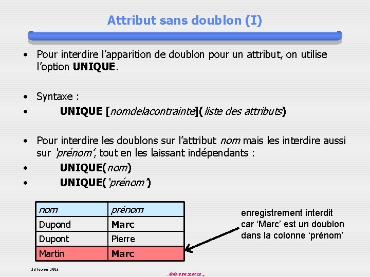 Attribut sans doublon (I) • Pour interdire l’apparition de doublon pour un attribut, on