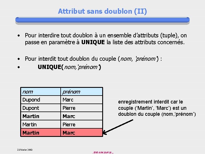 Attribut sans doublon (II) • Pour interdire tout doublon à un ensemble d’attributs (tuple),