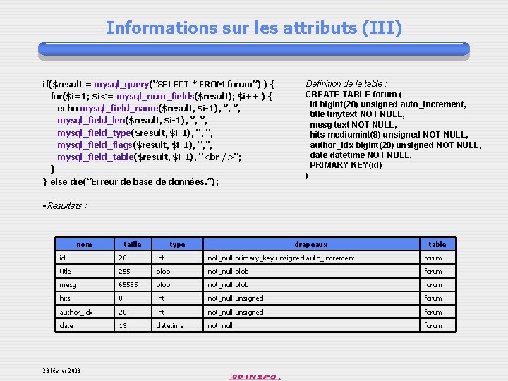 Informations sur les attributs (III) if($result = mysql_query(‘’SELECT * FROM forum’’) ) { for($i=1;