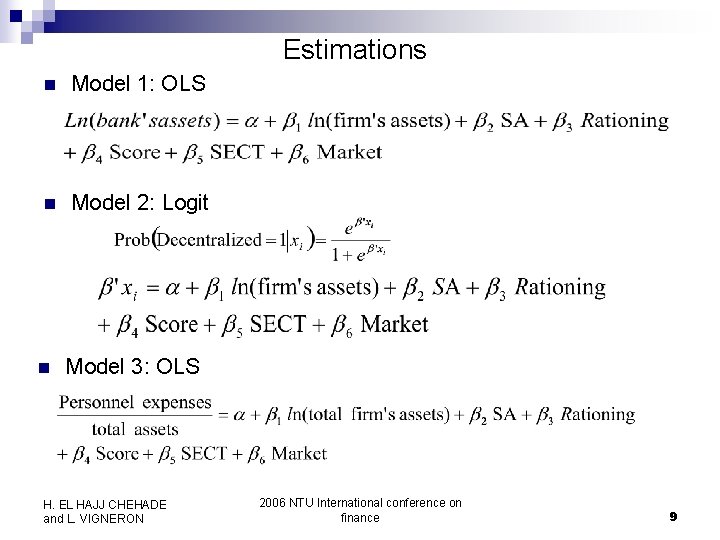 Estimations n Model 1: OLS n Model 2: Logit n Model 3: OLS H.