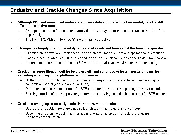 Industry and Crackle Changes Since Acquisition • Although P&L and investment metrics are down