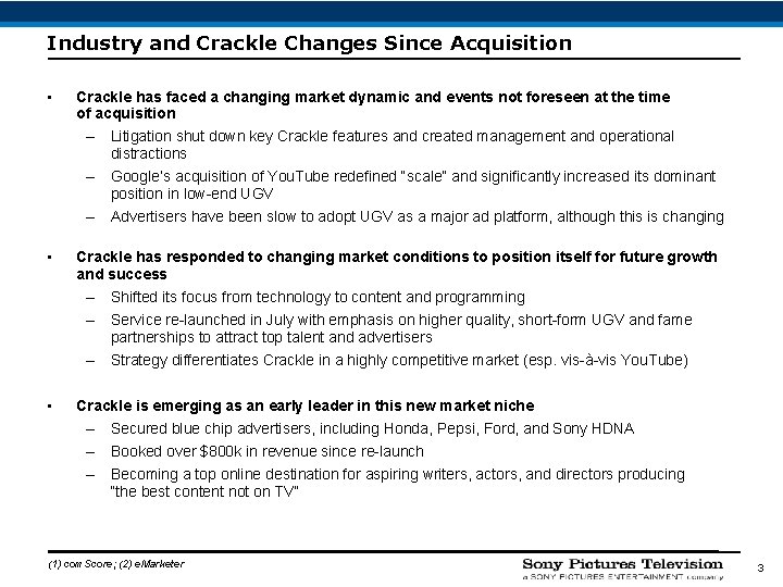 Industry and Crackle Changes Since Acquisition • Crackle has faced a changing market dynamic