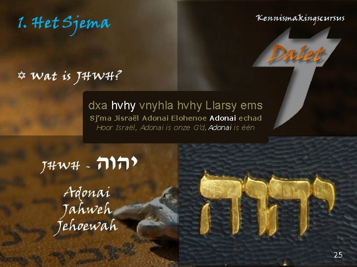 dxa hvhy vnyhla hvhy Llarsy ems Sj’ma Jisraël Adonai Elohenoe Adonai echad Hoor Israël,