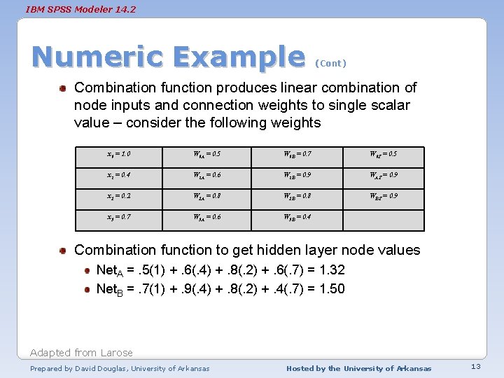 IBM SPSS Modeler 14. 2 Numeric Example (Cont) Combination function produces linear combination of