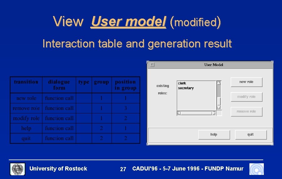 View User model (modified) Interaction table and generation result University of Rostock 27 CADUI'96