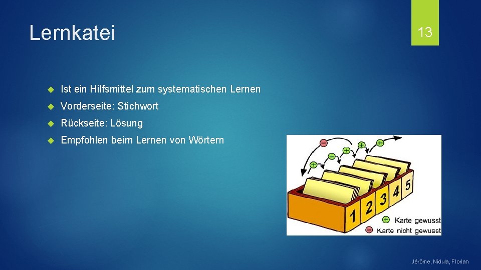 Lernkatei Ist ein Hilfsmittel zum systematischen Lernen Vorderseite: Stichwort Rückseite: Lösung Empfohlen beim Lernen