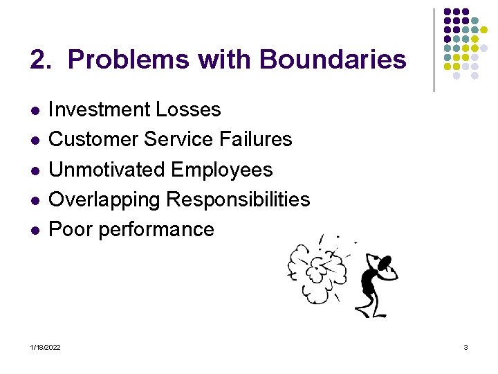 2. Problems with Boundaries l l l Investment Losses Customer Service Failures Unmotivated Employees