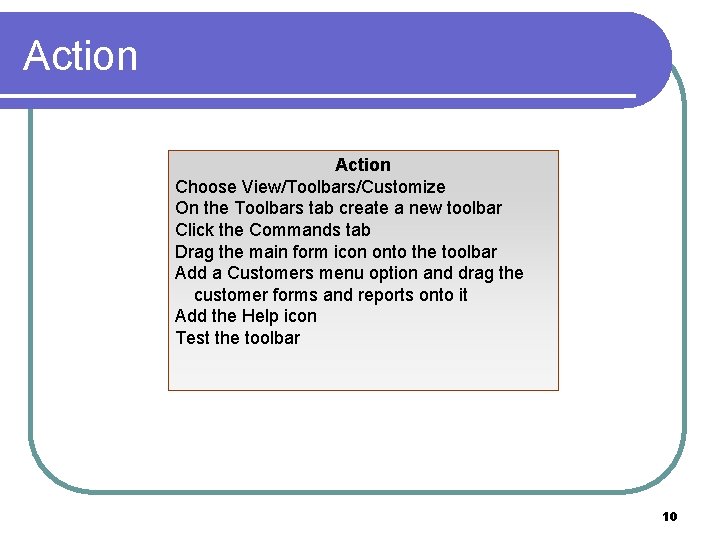 Action Choose View/Toolbars/Customize On the Toolbars tab create a new toolbar Click the Commands