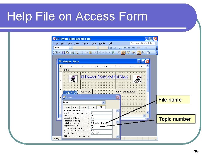 Help File on Access Form File name Topic number 16 