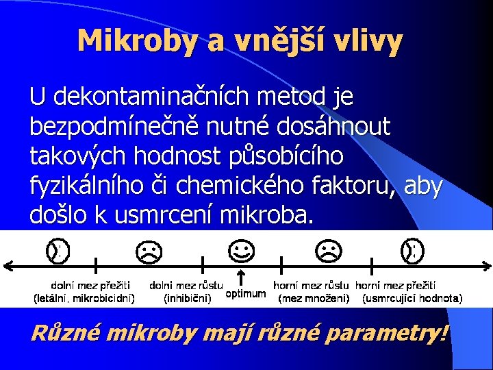 Mikroby a vnější vlivy U dekontaminačních metod je bezpodmínečně nutné dosáhnout takových hodnost působícího