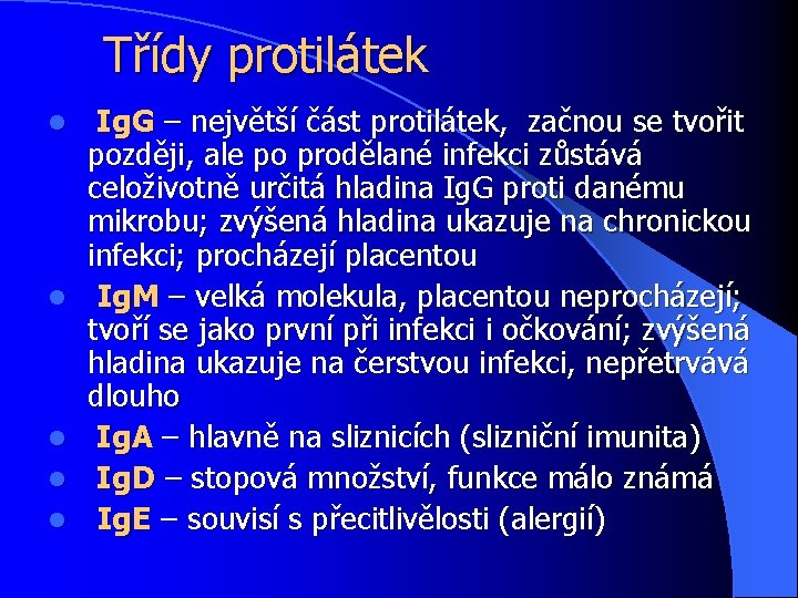 Třídy protilátek l l l Ig. G – největší část protilátek, začnou se tvořit