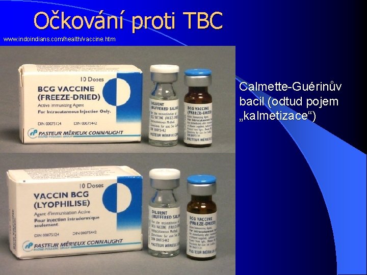 Očkování proti TBC www. indoindians. com/health/vaccine. htm Calmette-Guérinův bacil (odtud pojem „kalmetizace“) 