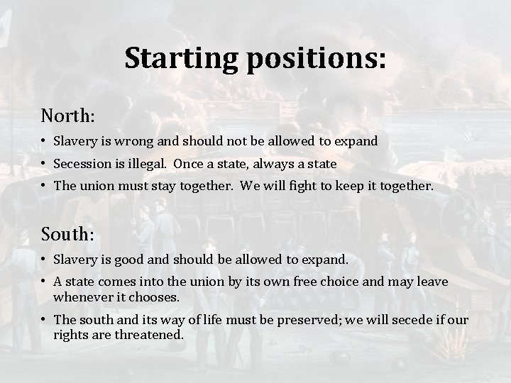 Starting positions: North: • Slavery is wrong and should not be allowed to expand