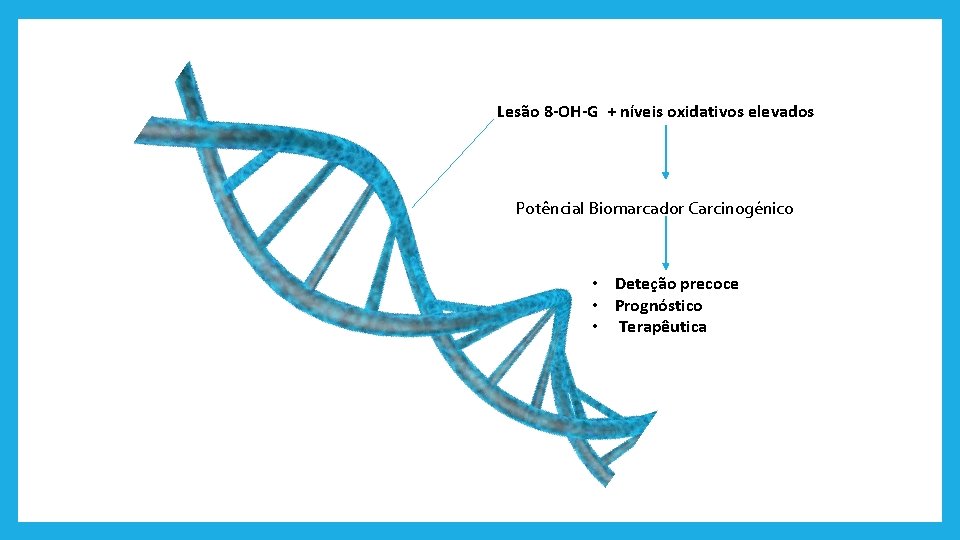 Lesão 8 -OH-G + níveis oxidativos elevados Potêncial Biomarcador Carcinogénico • Deteção precoce •