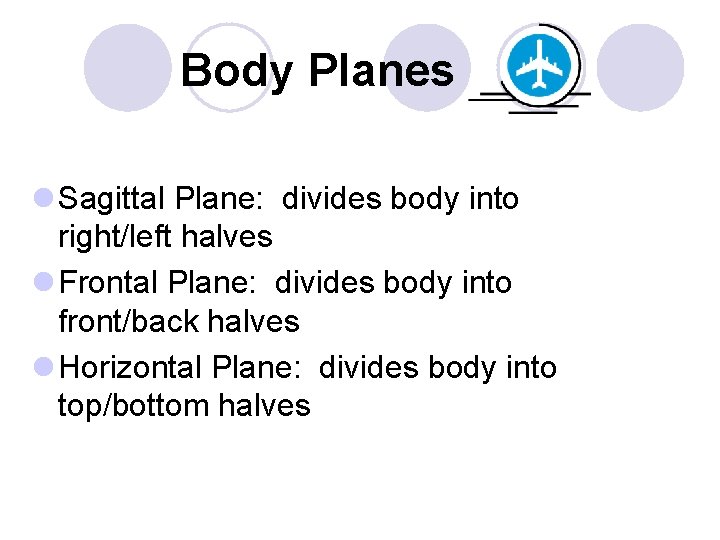 Body Planes l Sagittal Plane: divides body into right/left halves l Frontal Plane: divides