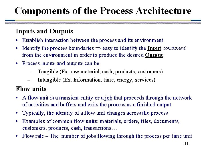 Components of the Process Architecture Inputs and Outputs • Establish interaction between the process Components of the Process Architecture Inputs and Outputs • Establish interaction between the process