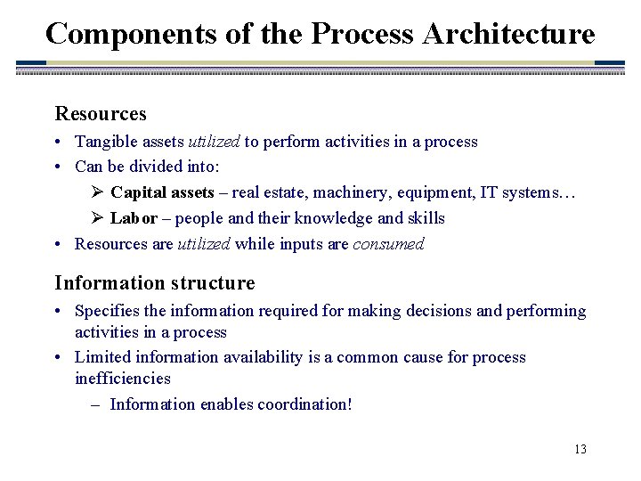 Components of the Process Architecture Resources • Tangible assets utilized to perform activities in Components of the Process Architecture Resources • Tangible assets utilized to perform activities in