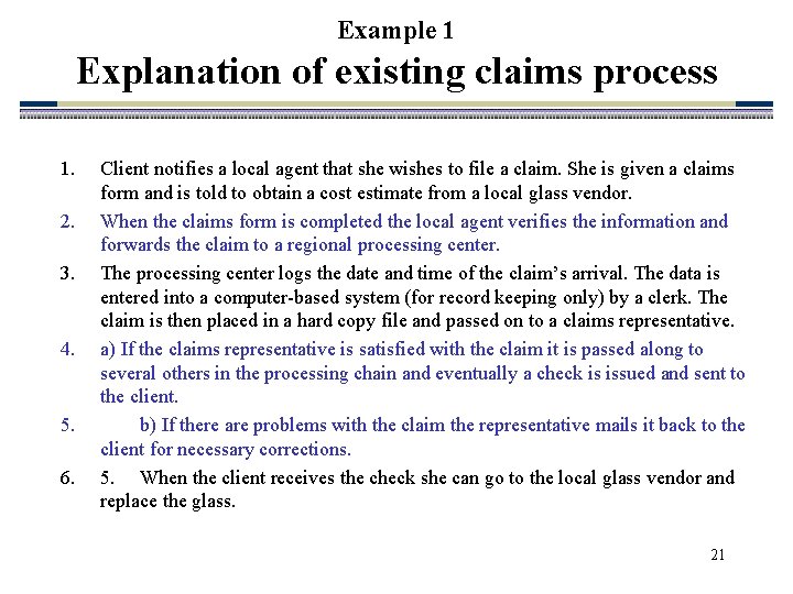 Example 1 Explanation of existing claims process 1. 2. 3. 4. 5. 6. Client Example 1 Explanation of existing claims process 1. 2. 3. 4. 5. 6. Client